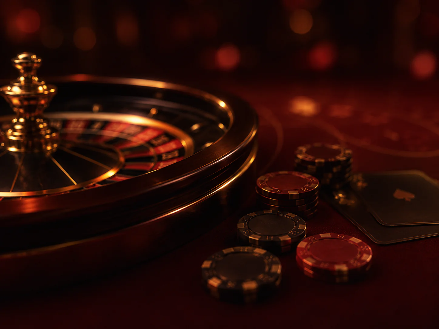 Immersive casino discovery scene with roulette lighting and premium red surfaces.
