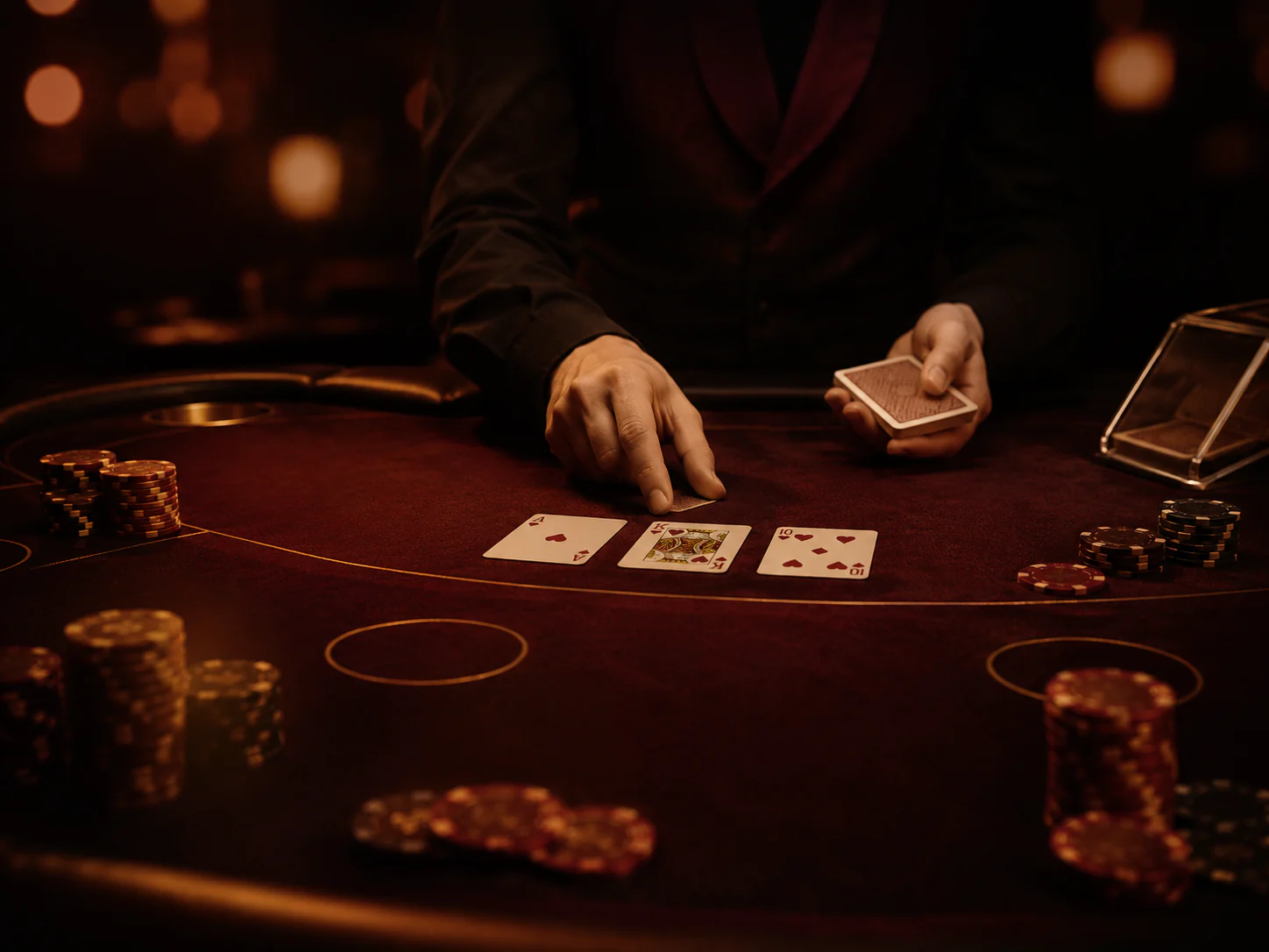 Live games scene with dealer lighting and deep premium atmosphere.